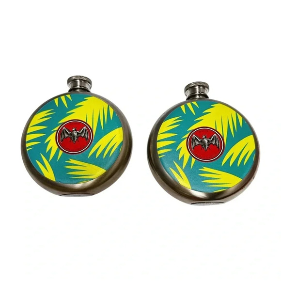 Bacardi Flask Stainless Steel Lot  2 Each Holds 5 oz Liquid Bat Logo Tropical - Picture 1 of 11